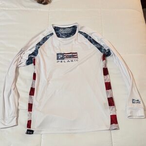 Pelagic White Long Sleeve Performance Shirt with Red & Blue Accents
